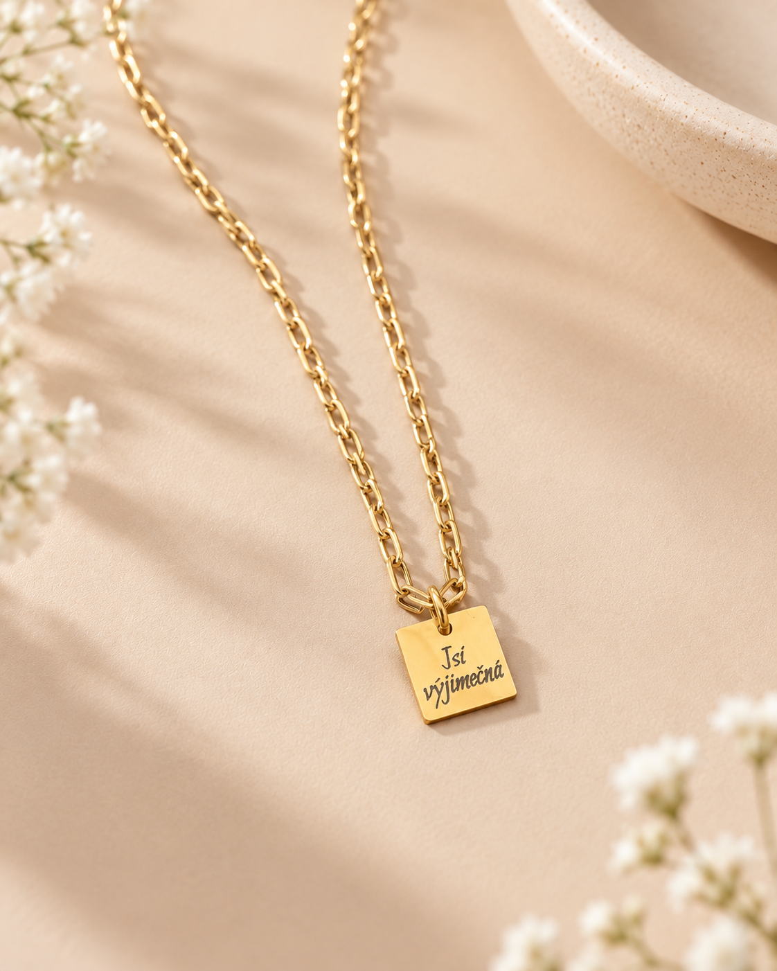 Necklace with engraved text